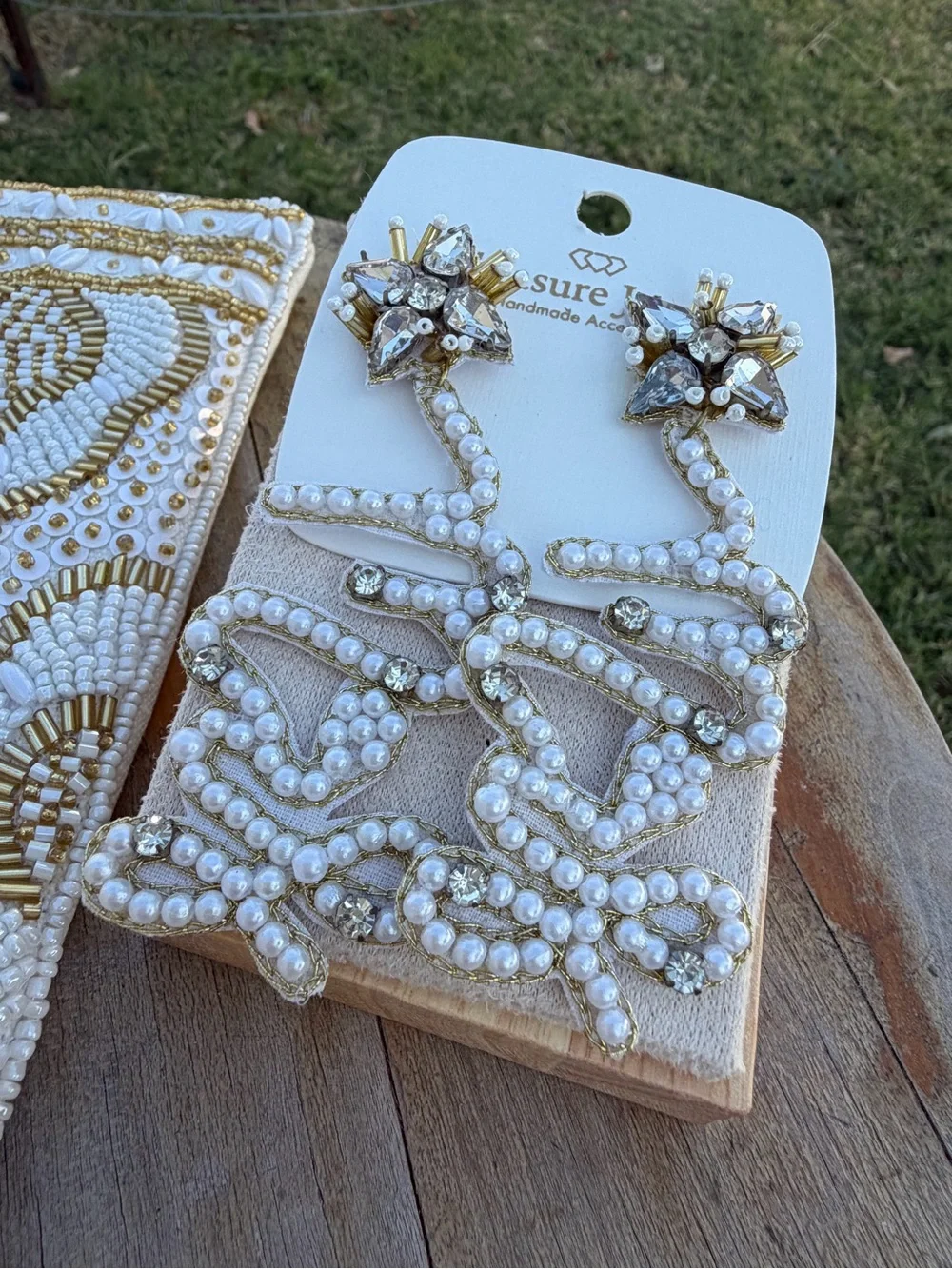 MRS Statement Earrings + White Gold Beaded Clutch
